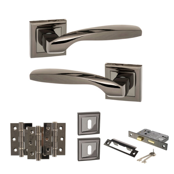 STATUS Oklahoma Door Handle Pack (3 Lever Lock Set - 2.5" CE Sashlock, 3" Fire Rated Hinges x3) - Black Nickel
