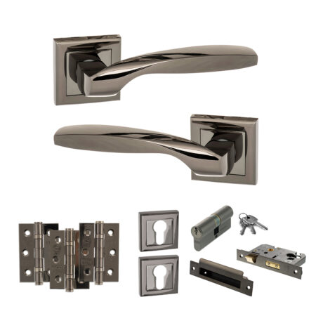 STATUS Oklahoma Door Handle Pack (Euro Lock Set - 2.5" CE Sashlock, 3" Fire Rated Hinges x3) - Black Nickel