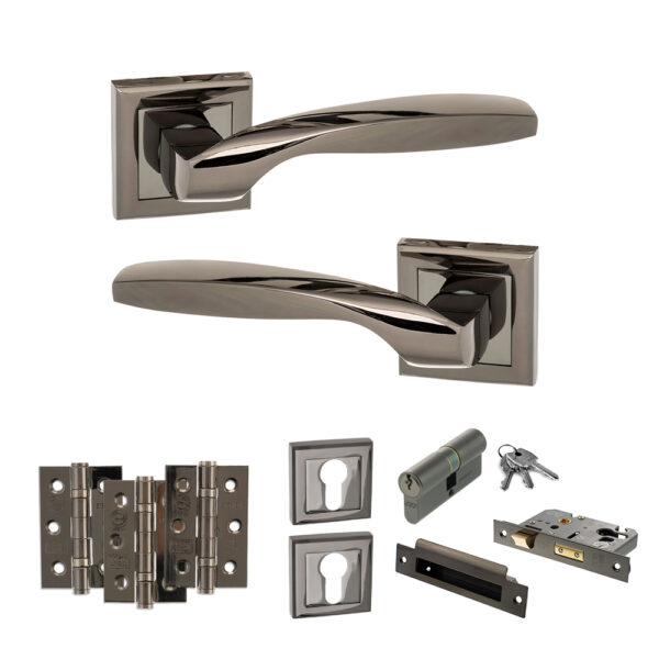 STATUS Oklahoma Door Handle Pack (Euro Lock Set - 3" CE Sashlock, 3" Fire Rated Hinges x3) - Black Nickel