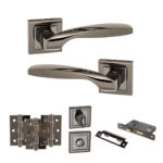 STATUS Oklahoma Door Handle Pack (Bathroom Set - 3" CE Bathroom Lock, 3" Fire Rated Hinges x3) - Black Nickel