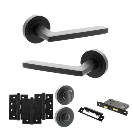 STATUS Alaska Door Handle Pack (Bathroom Set - 2.5" CE Bathroom Lock, 4" Fire Rated Hinges x3) - Matt Black