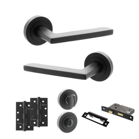 STATUS Alaska Door Handle Pack (Bathroom Set - 3" CE Bathroom Lock, 4" Slim Knuckle Hinges x2) - Matt Black