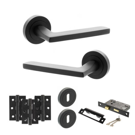 STATUS Alaska Door Handle Pack (3 Lever Lock Set - 3" CE Sashlock, 3" Fire Rated Hinges x3) - Matt Black