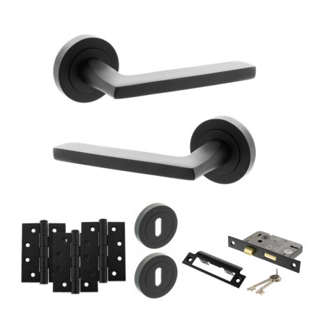 STATUS Alaska Door Handle Pack (3 Lever Lock Set - 2.5" CE Sashlock, 4" Fire Rated Hinges x3) - Matt Black