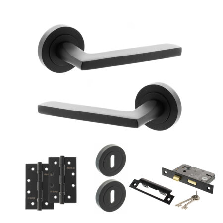 STATUS Alaska Door Handle Pack (3 Lever Lock Set - 2.5" CE Sashlock, 4" Slim Knuckle Hinges x2) - Matt Black
