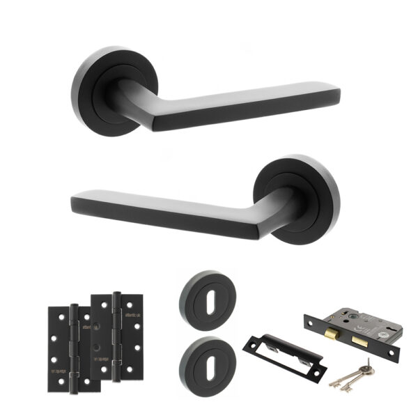 STATUS Alaska Door Handle Pack (3 Lever Lock Set - 3" CE Sashlock, 4" Slim Knuckle Hinges x2) - Matt Black