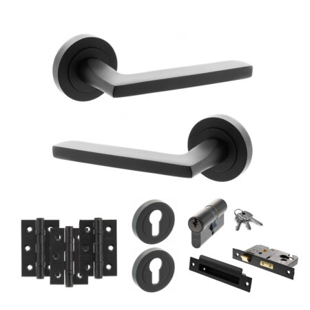 STATUS Alaska Door Handle Pack (Euro Lock Set - 3" CE Sashlock, 3" Fire Rated Hinges x3) - Matt Black