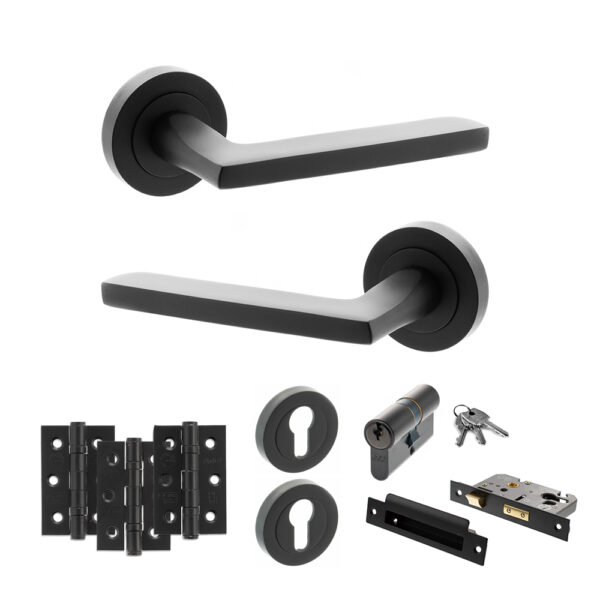 STATUS Alaska Door Handle Pack (Euro Lock Set - 3" CE Sashlock, 3" Fire Rated Hinges x3) - Matt Black