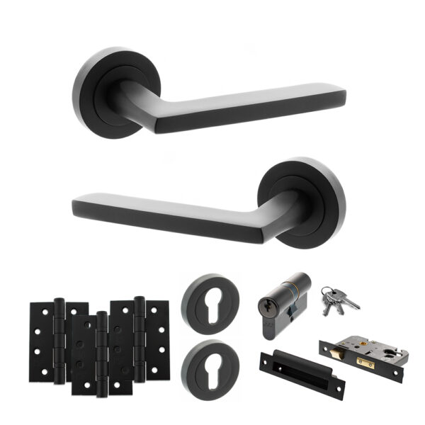 STATUS Alaska Door Handle Pack (Euro Lock Set - 2.5" CE Sashlock, 4" Fire Rated Hinges x3) - Matt Black