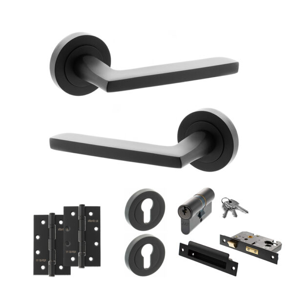 STATUS Alaska Door Handle Pack (Euro Lock Set - 2.5" CE Sashlock, 4" Slim Knuckle Hinges x2) - Matt Black