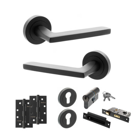 STATUS Alaska Door Handle Pack (Euro Lock Set - 3" CE Sashlock, 4" Slim Knuckle Hinges x2) - Matt Black