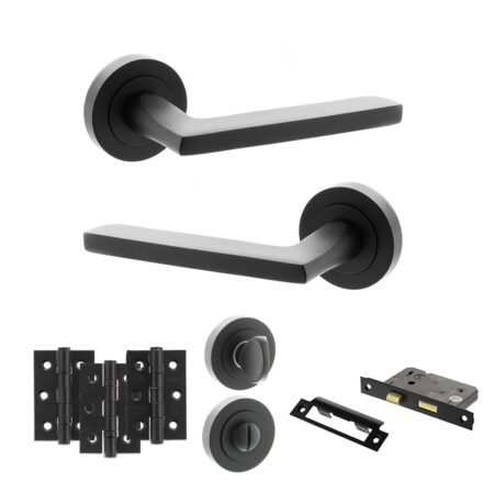 STATUS Alaska Door Handle Pack (Bathroom Set - 2.5" CE Bathroom Lock, 3" Fire Rated Hinges x3) - Matt Black