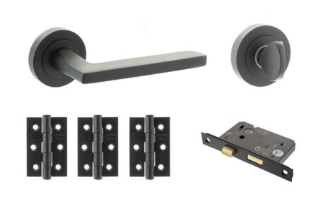 STATUS Alaska Door Handle Pack (Bathroom Set - 3" CE Bathroom Lock, 3" Fire Rated Hinges x3) - Matt Black