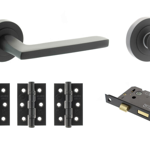 STATUS Alaska Door Handle Pack (Bathroom Set - 3" CE Bathroom Lock, 3" Fire Rated Hinges x3) - Matt Black