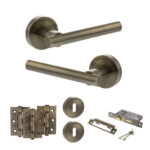 STATUS Nebraska Door Handle Pack (3 Lever Lock Set - 2.5" CE Sashlock, 3" Fire Rated Hinges x3) - Antique Brass