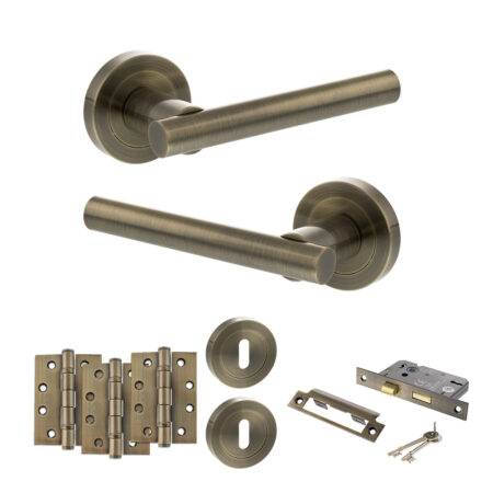 STATUS Nebraska Door Handle Pack (3 Lever Lock Set - 3" CE Sashlock, 4" Fire Rated Hinges x3) - Antique Brass
