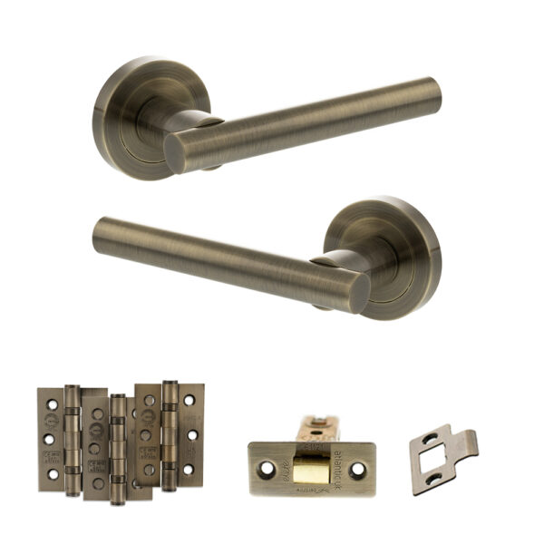 STATUS Nebraska Door Handle Pack (Latch Set - 2.5" CE Latch, 3" Fire Rated Hinges x3) - Antique Brass