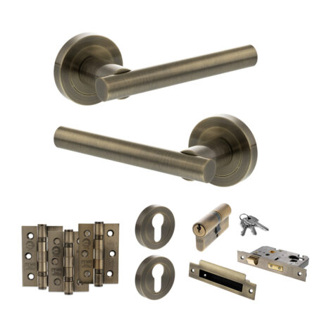 STATUS Nebraska Door Handle Pack (Euro Lock Set - 2.5" CE Sashlock, 3" Fire Rated Hinges x3) - Antique Brass