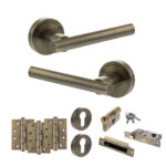 STATUS Nebraska Door Handle Pack (Euro Lock Set - 3" CE Sashlock, 4" Fire Rated Hinges x3) - Antique Brass