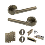 STATUS Nebraska Door Handle Pack (Euro Lock Set - 2.5" CE Sashlock, 4" Slim Knuckle Hinges x2) - Antique Brass