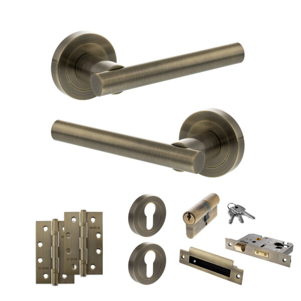 STATUS Nebraska Door Handle Pack (Euro Lock Set - 3" CE Sashlock, 4" Slim Knuckle Hinges x2) - Antique Brass