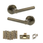 STATUS Nebraska Door Handle Pack (Latch Set - 3" CE Latch, 4" Fire Rated Hinges x3) - Antique Brass