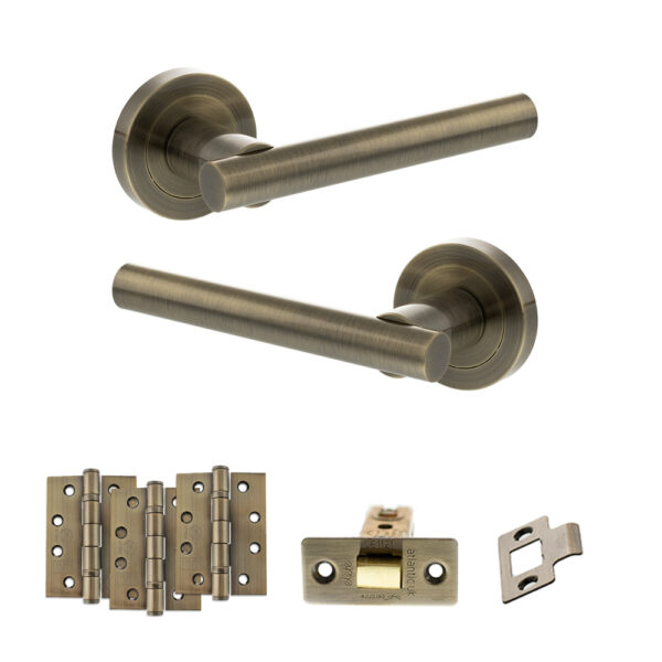 STATUS Nebraska Door Handle Pack (Latch Set - 3" CE Latch, 4" Fire Rated Hinges x3) - Antique Brass