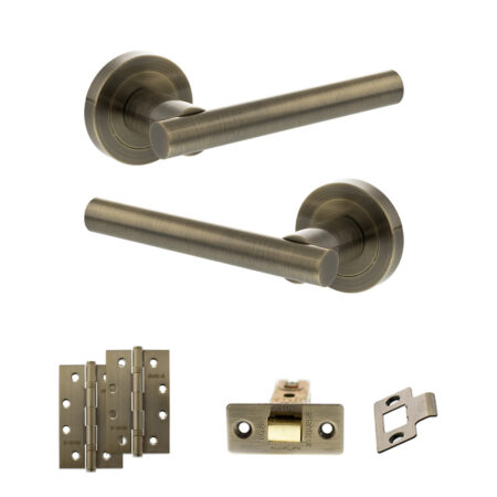 STATUS Nebraska Door Handle Pack (Latch Set - 2.5" CE Latch, 4" Slim Knuckle Hinges x2) - Antique Brass