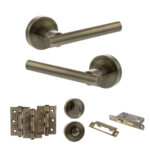 STATUS Nebraska Door Handle Pack (Bathroom Set - 3" CE Bathroom Lock, 3" Fire Rated Hinges x3) - Antique Brass