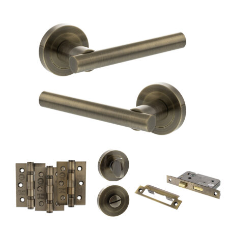 STATUS Nebraska Door Handle Pack (Bathroom Set - 3" CE Bathroom Lock, 3" Fire Rated Hinges x3) - Antique Brass