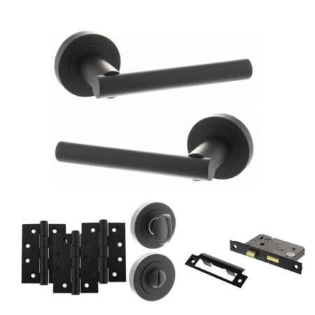 STATUS Nebraska Door Handle Pack (Bathroom Set - 2.5" CE Bathroom Lock, 4" Fire Rated Hinges x3) - Matt Black