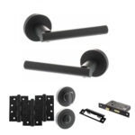 STATUS Nebraska Door Handle Pack (Bathroom Set - 3" CE Bathroom Lock, 4" Fire Rated Hinges x3) - Matt Black