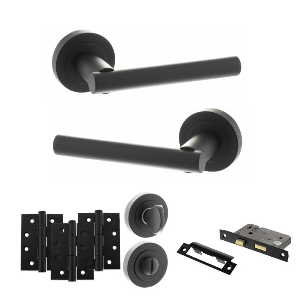STATUS Nebraska Door Handle Pack (Bathroom Set - 3" CE Bathroom Lock, 4" Fire Rated Hinges x3) - Matt Black