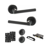 STATUS Nebraska Door Handle Pack (Bathroom Set - 2.5" CE Bathroom Lock, 4" Slim Knuckle Hinges x2) - Matt Black