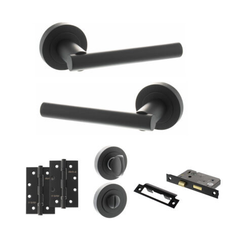 STATUS Nebraska Door Handle Pack (Bathroom Set - 2.5" CE Bathroom Lock, 4" Slim Knuckle Hinges x2) - Matt Black