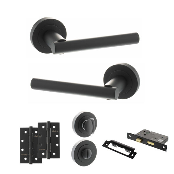 STATUS Nebraska Door Handle Pack (Bathroom Set - 3" CE Bathroom Lock, 4" Slim Knuckle Hinges x2) - Matt Black