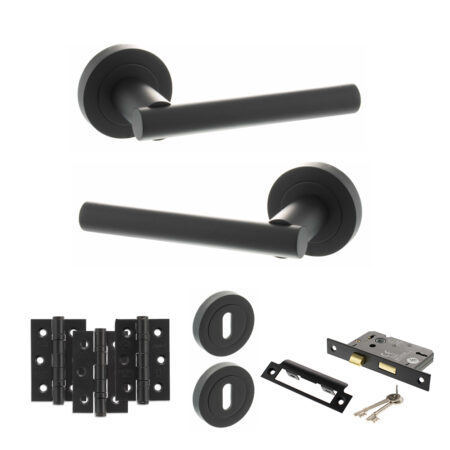 STATUS Nebraska Door Handle Pack (3 Lever Lock Set - 3" CE Sashlock, 3" Fire Rated Hinges x3) - Matt Black