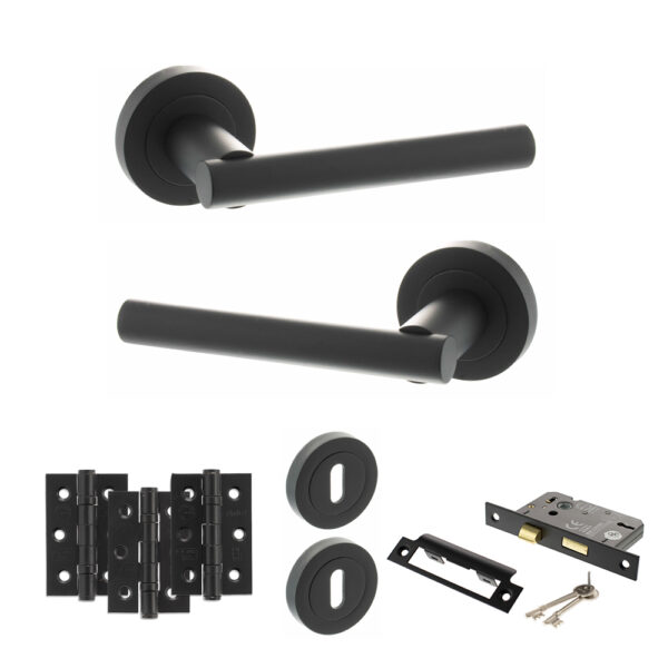 STATUS Nebraska Door Handle Pack (3 Lever Lock Set - 3" CE Sashlock, 3" Fire Rated Hinges x3) - Matt Black