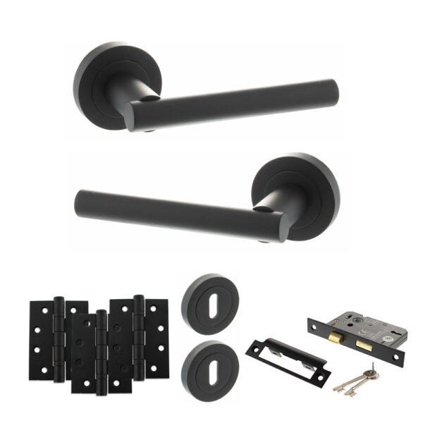 STATUS Nebraska Door Handle Pack (3 Lever Lock Set - 2.5" CE Sashlock, 4" Fire Rated Hinges x3) - Matt Black