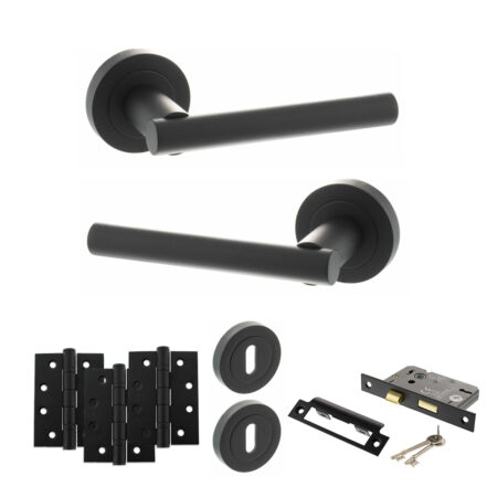 STATUS Nebraska Door Handle Pack (3 Lever Lock Set - 3" CE Sashlock, 4" Fire Rated Hinges x3) - Matt Black