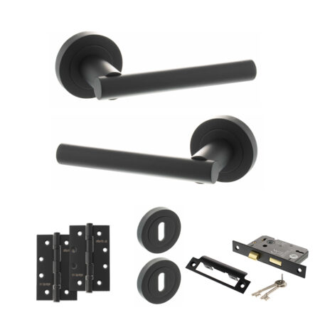 STATUS Nebraska Door Handle Pack (3 Lever Lock Set - 3" CE Sashlock, 4" Slim Knuckle Hinges x2) - Matt Black