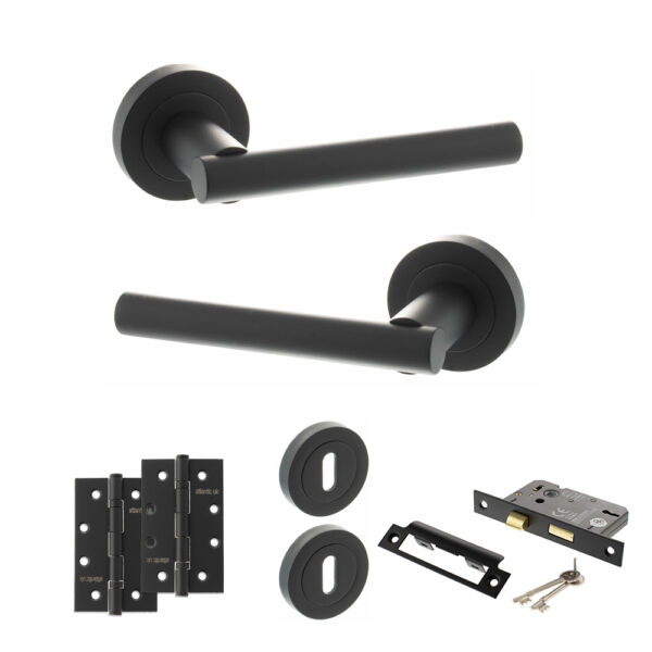STATUS Nebraska Door Handle Pack (3 Lever Lock Set - 3" CE Sashlock, 4" Slim Knuckle Hinges x2) - Matt Black