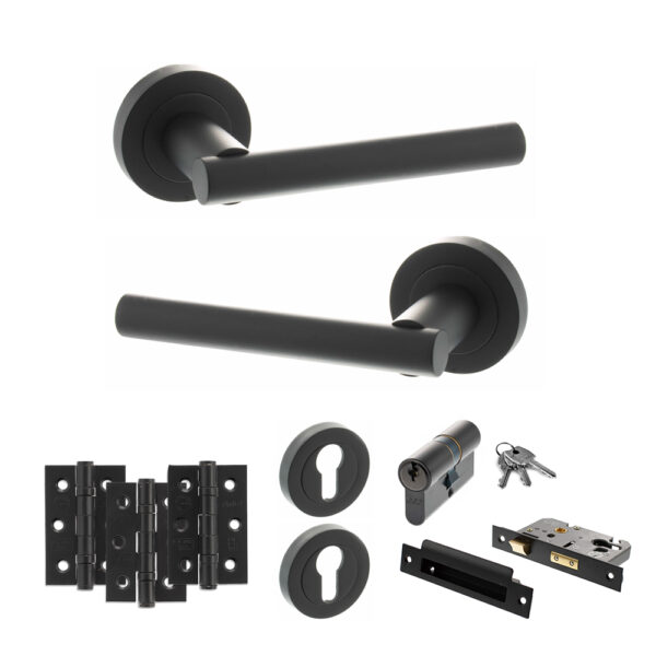 STATUS Nebraska Door Handle Pack (Euro Lock Set - 2.5" CE Sashlock, 3" Fire Rated Hinges x3) - Matt Black