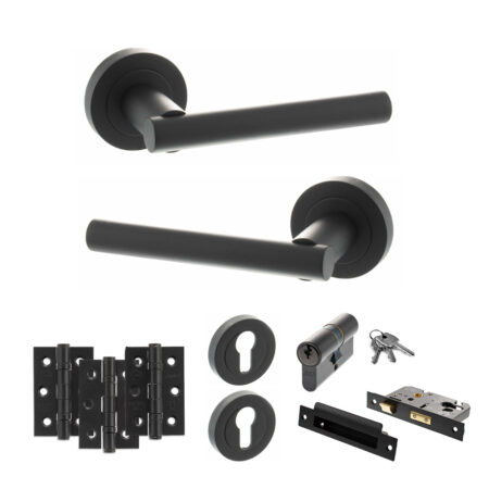 STATUS Nebraska Door Handle Pack (Euro Lock Set - 3" CE Sashlock, 3" Fire Rated Hinges x3) - Matt Black