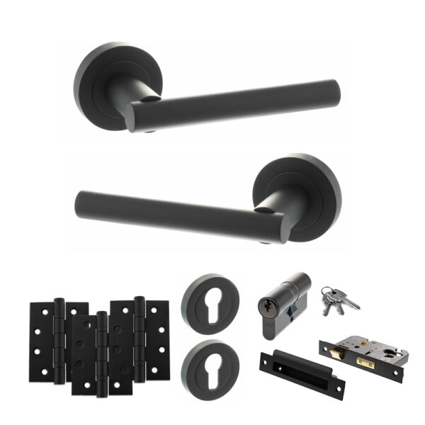 STATUS Nebraska Door Handle Pack (Euro Lock Set - 2.5" CE Sashlock, 4" Fire Rated Hinges x3) - Matt Black