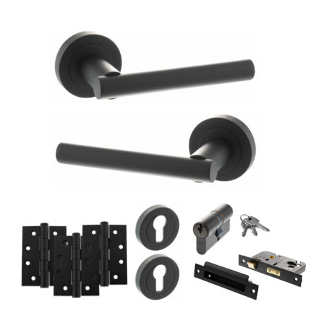 STATUS Nebraska Door Handle Pack (Euro Lock Set - 3" CE Sashlock, 4" Fire Rated Hinges x3) - Matt Black