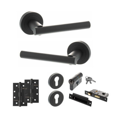 STATUS Nebraska Door Handle Pack (Euro Lock Set - 2.5" CE Sashlock, 4" Slim Knuckle Hinges x2) - Matt Black