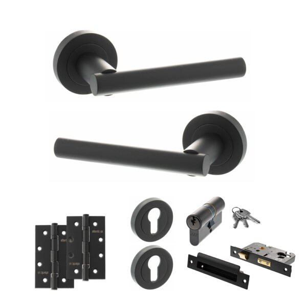 STATUS Nebraska Door Handle Pack (Euro Lock Set - 3" CE Sashlock, 4" Slim Knuckle Hinges x2) - Matt Black