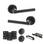 STATUS Nebraska Door Handle Pack (Bathroom Set - 2.5" CE Bathroom Lock, 3" Fire Rated Hinges x3) - Matt Black