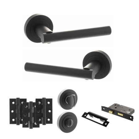 STATUS Nebraska Door Handle Pack (Bathroom Set - 2.5" CE Bathroom Lock, 3" Fire Rated Hinges x3) - Matt Black